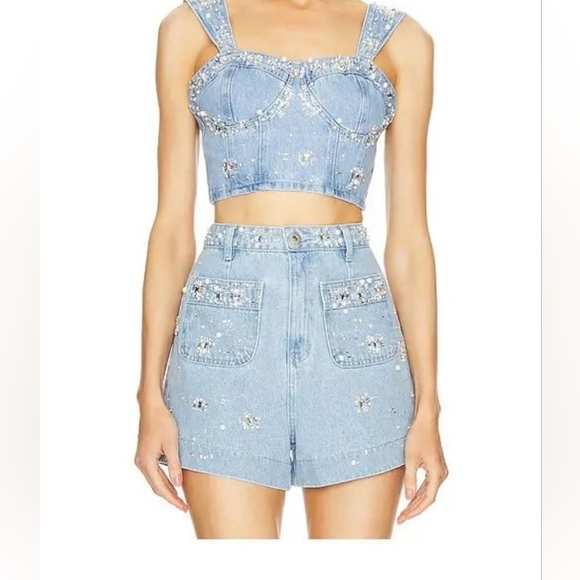 NWT PatBO Embellished Denim Shorts Faux Pearl, Bead & Crystal Size 6 MSRP$550 - Picture 9 of 16